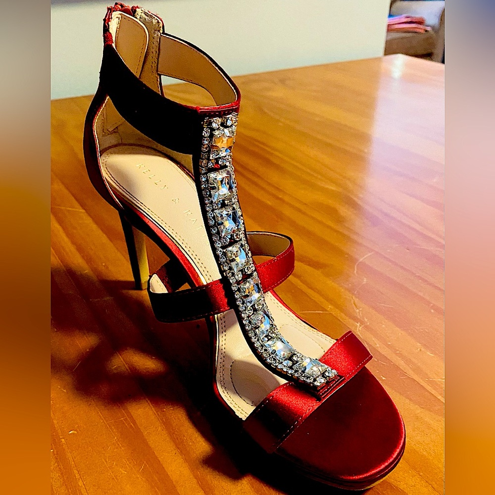 4” open toe red satin rhinestone trim heels
